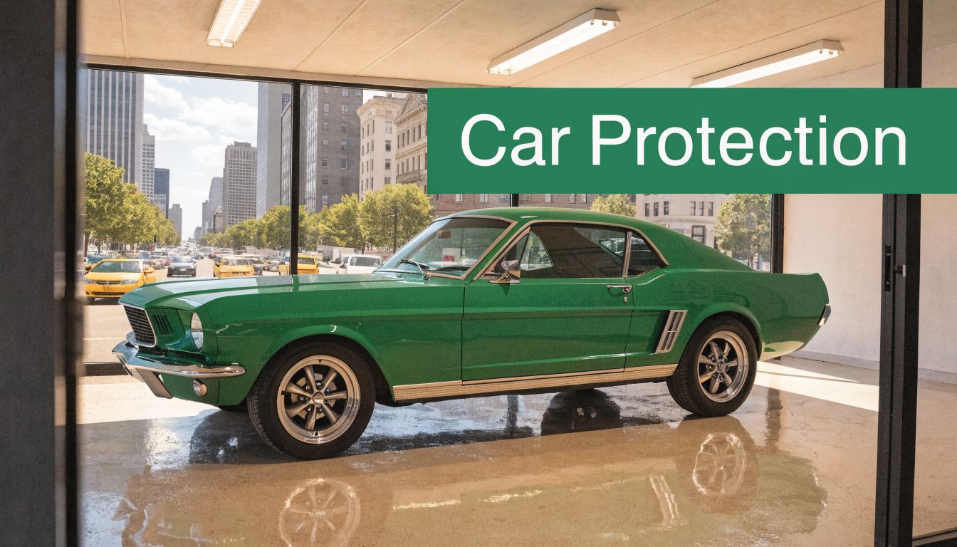 A green vintage Ford Mustang parked inside a modern, glass-walled car storage facility in the city.