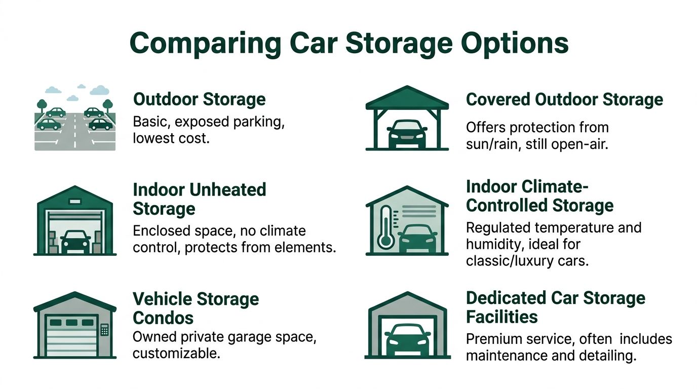 An infographic titled Comparing Car Storage Options illustrating six different types of vehicle parking and storage solutions.