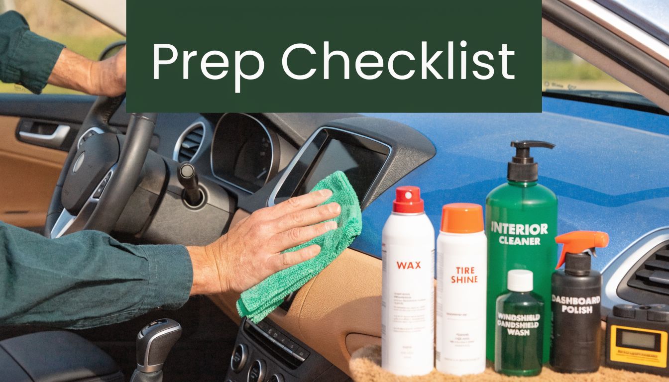 A person cleaning a car dashboard with a green cloth surrounded by various car care cleaning products.