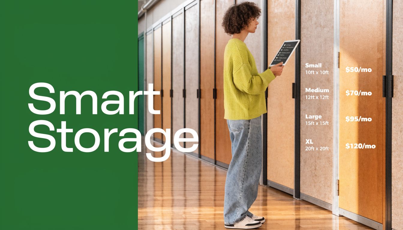 A person using a tablet in front of storage unit doors with a pricing menu displayed.
