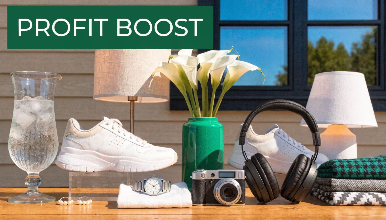 A curated collection of lifestyle items including sneakers, camera, watch, and home decor arranged on a table.