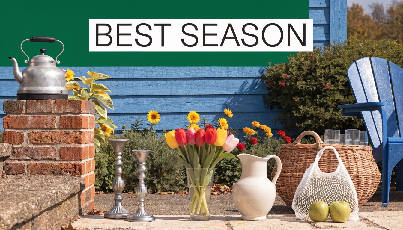 A scenic garden display featuring colorful tulips, a kettle, candles, and a basket for a yard sale.