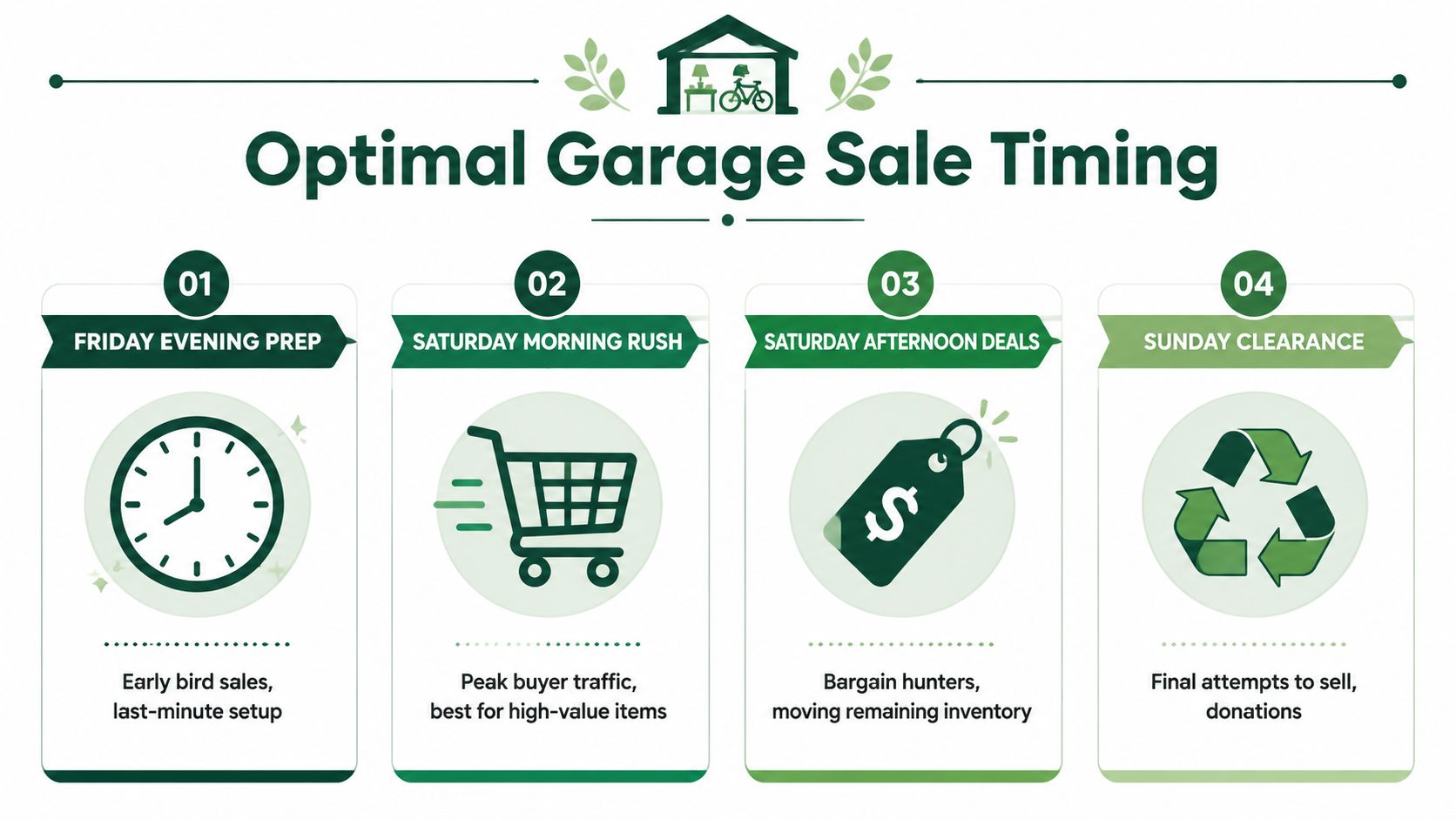 A green infographic showing the four optimal time phases for hosting a successful garage sale.