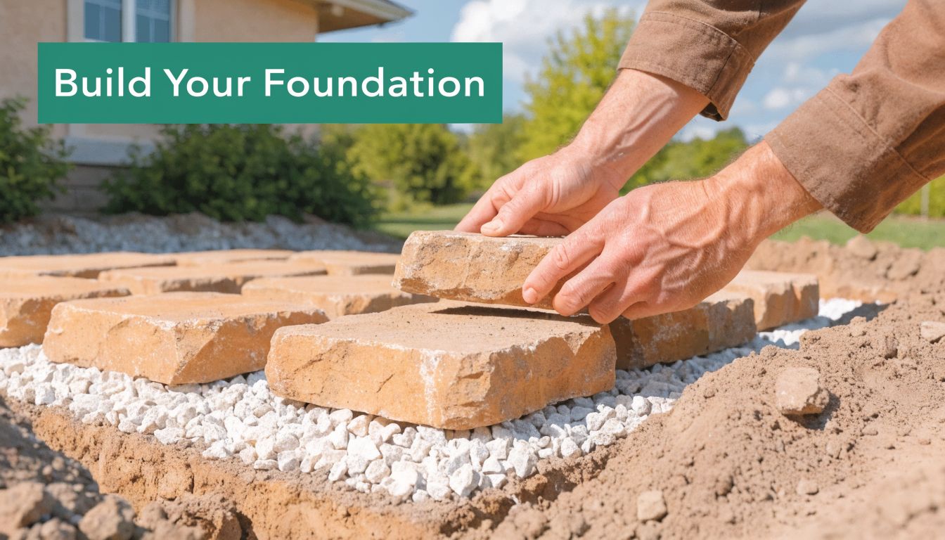 A pair of hands carefully placing a natural stone paver onto a gravel base for backyard landscaping.