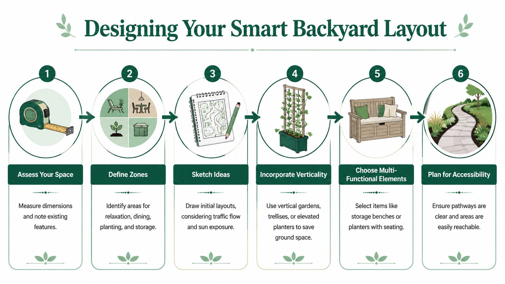 An infographic showing six steps for designing a smart backyard layout, from measuring space to planning accessibility.