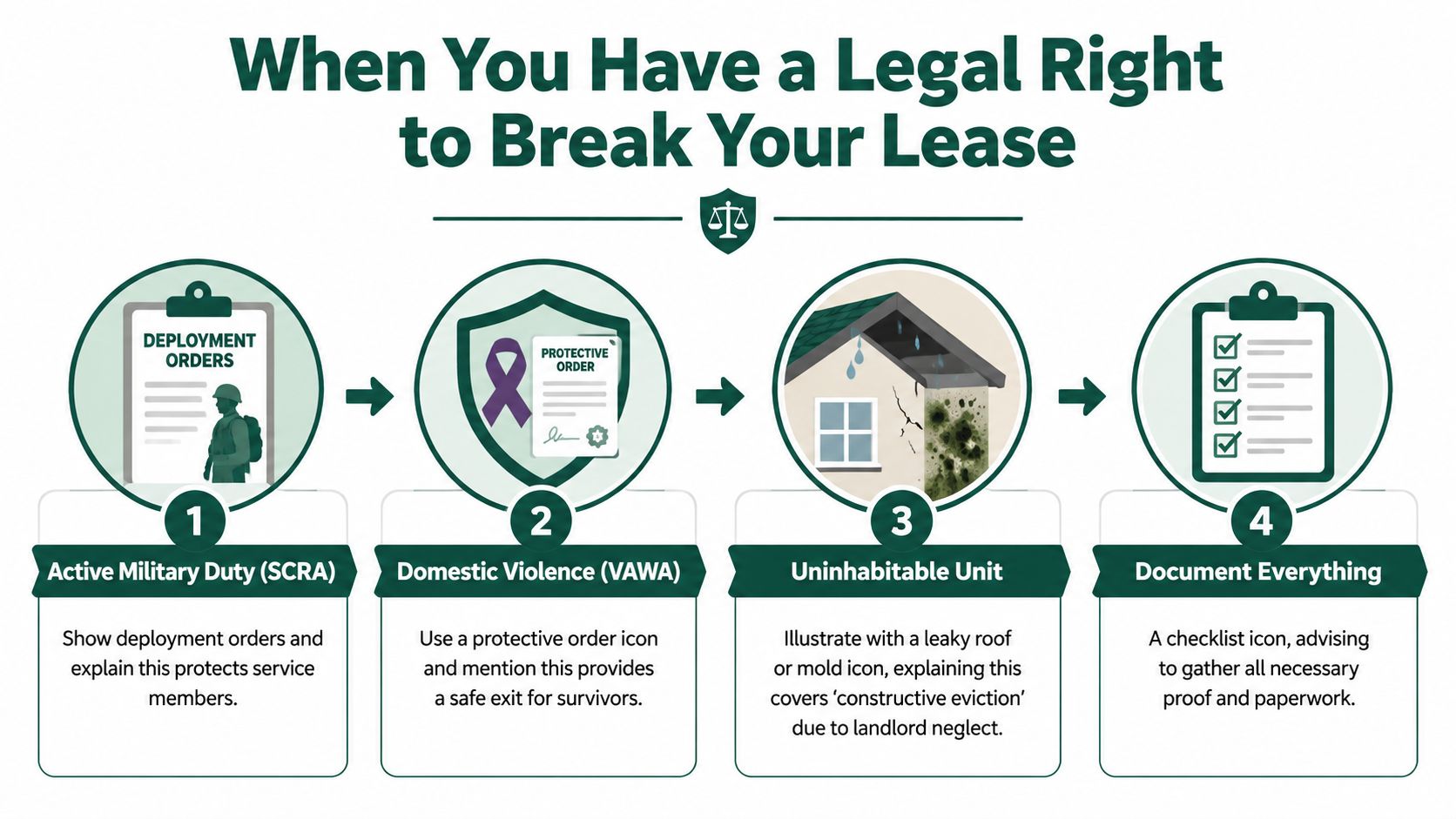 An infographic titled When You Have a Legal Right to Break Your Lease showing four numbered steps.