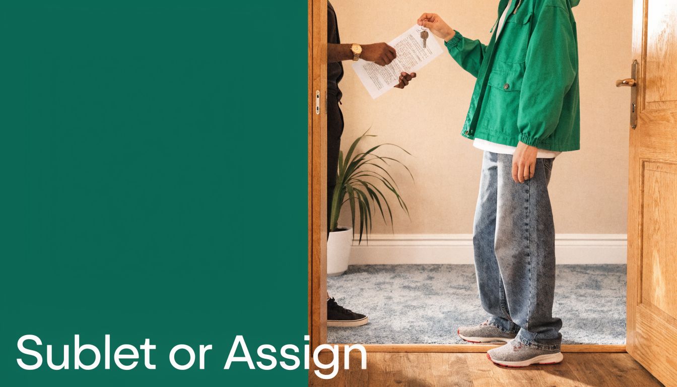 A person handing over apartment keys and a lease document to another individual standing in a doorway.