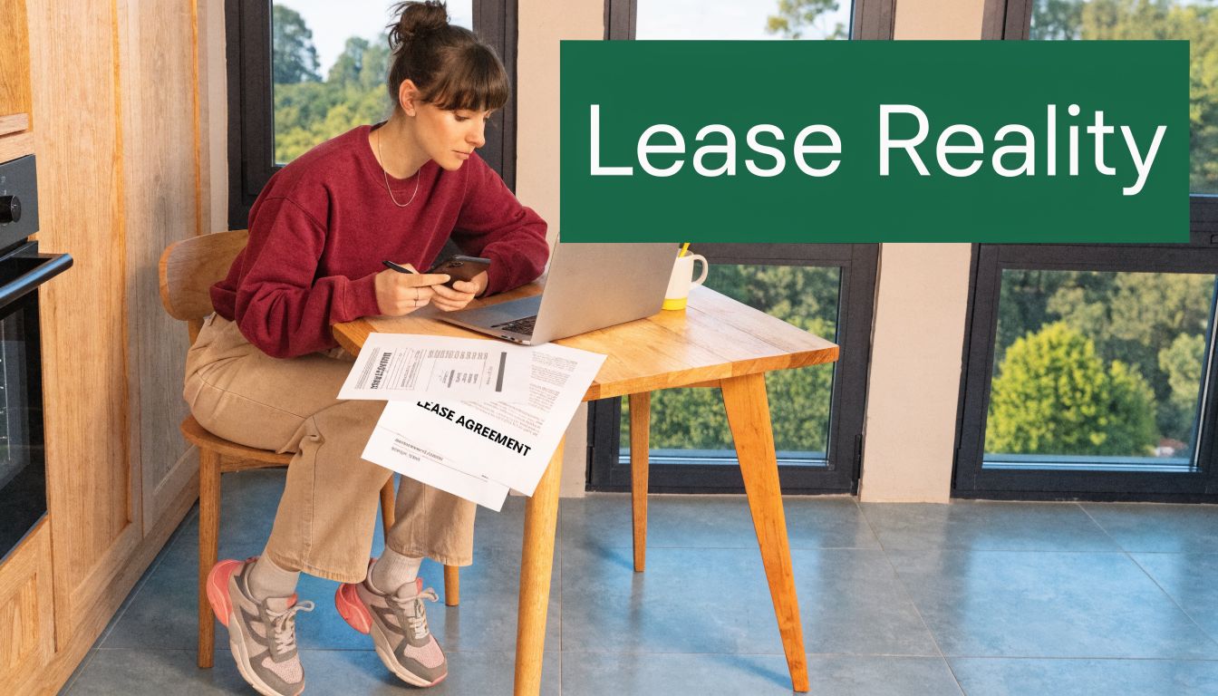 A young woman sitting at a table studying lease agreement documents while working on her laptop.