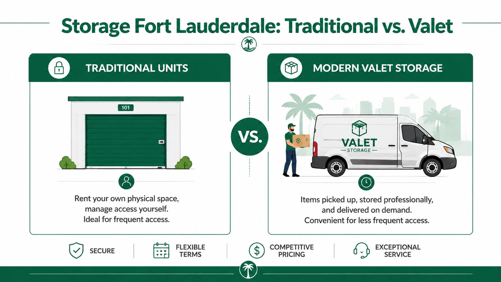 A comparison infographic between traditional self-storage units and modern valet storage services in Fort Lauderdale.