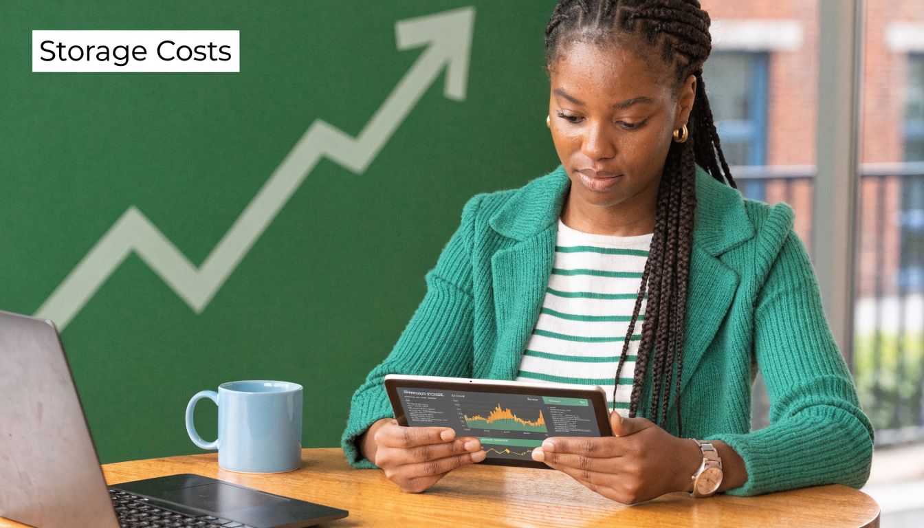 A professional woman in a green blazer reviewing financial data on a tablet in an office.