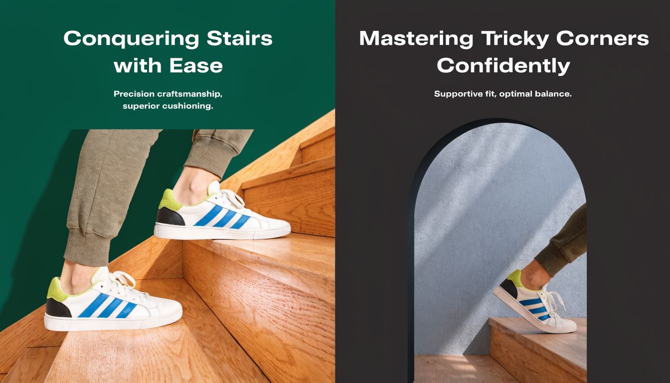 A split image showing a person wearing stylish Adidas sneakers navigating wooden stairs and an archway.