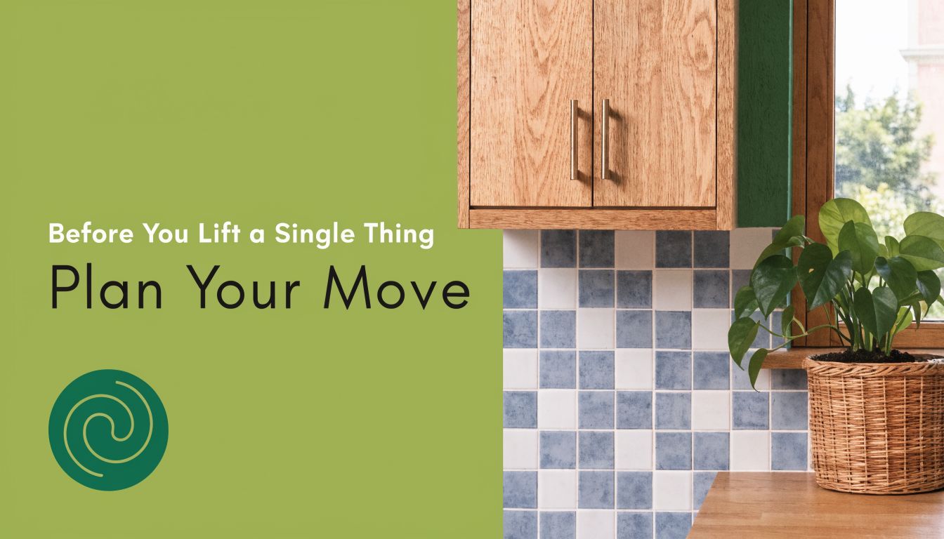A green graphic with text reading Before You Lift a Single Thing Plan Your Move next to kitchen cabinets.
