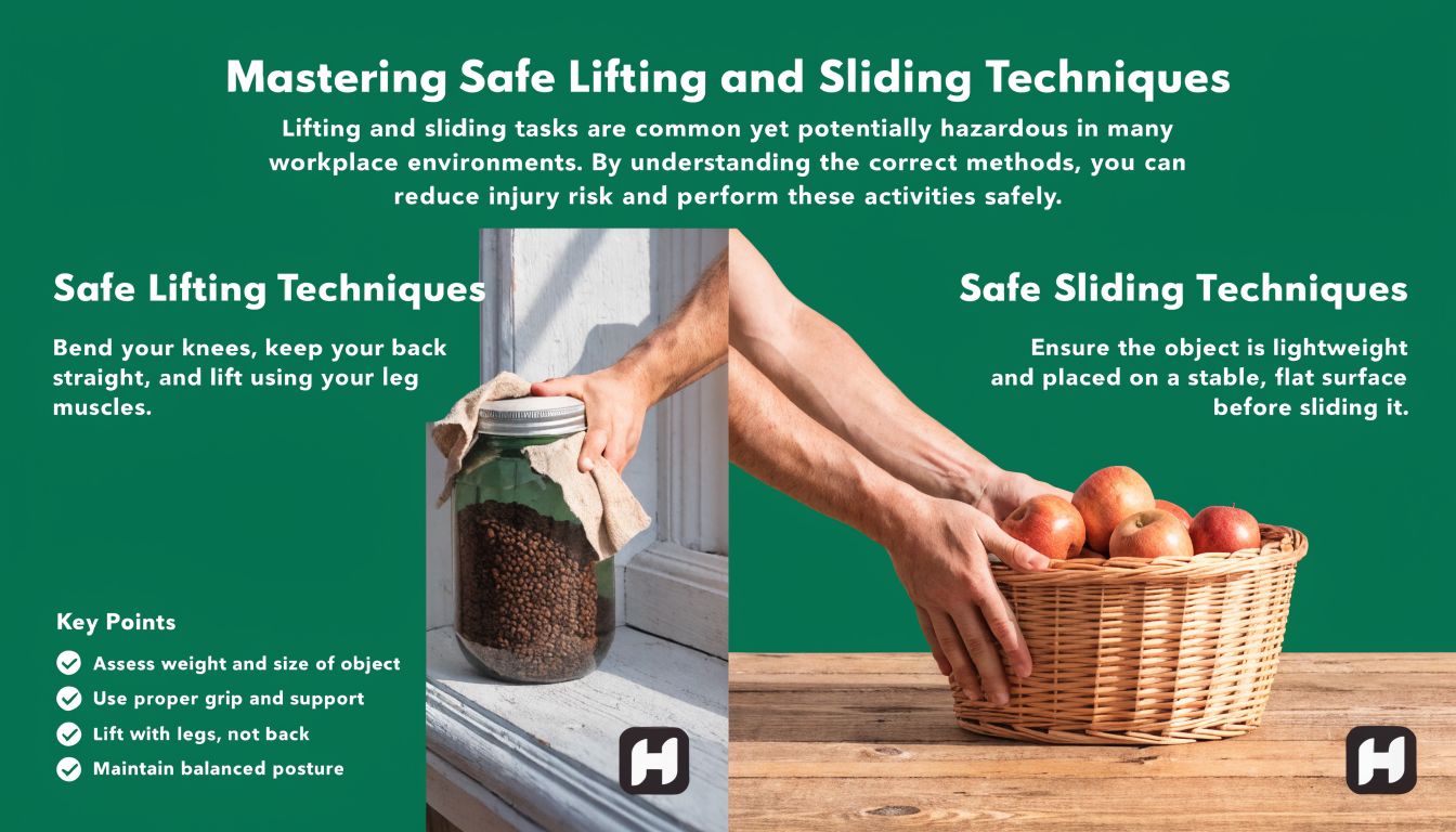 A safety infographic detailing proper lifting and sliding techniques to prevent injury in the workplace environment.