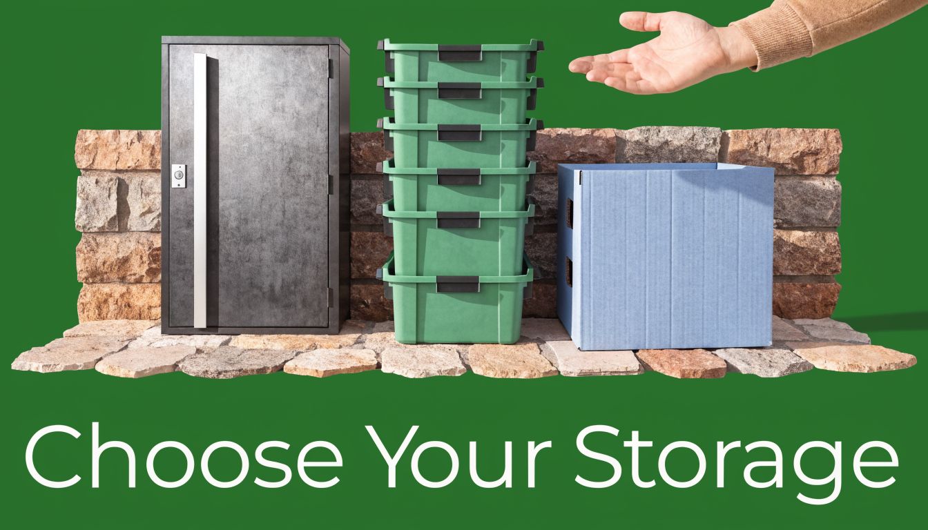 A locker, a stack of green plastic storage bins, and a cardboard box on a stone surface.