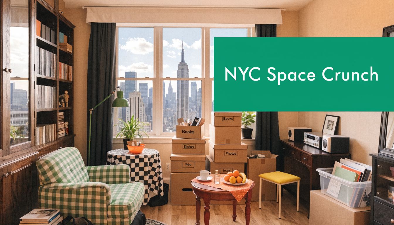 A cozy, clutter-filled New York City apartment room with stacked moving boxes near a window overlooking skyscrapers.