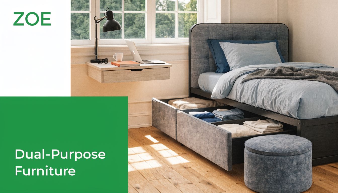 A space-saving bed with built-in storage drawers and a wall-mounted desk in a small bedroom setting.
