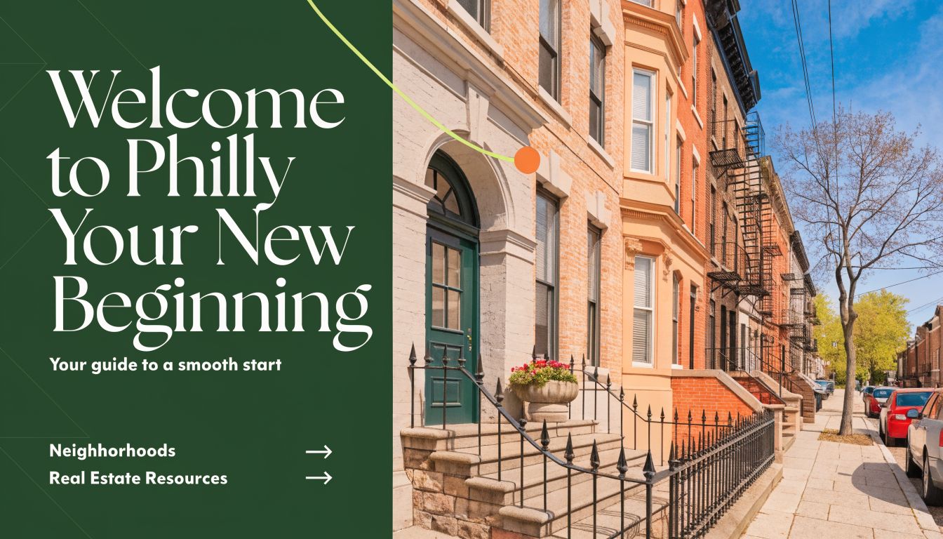 A welcoming graphic for moving to Philadelphia featuring row houses on a sunny city street.
