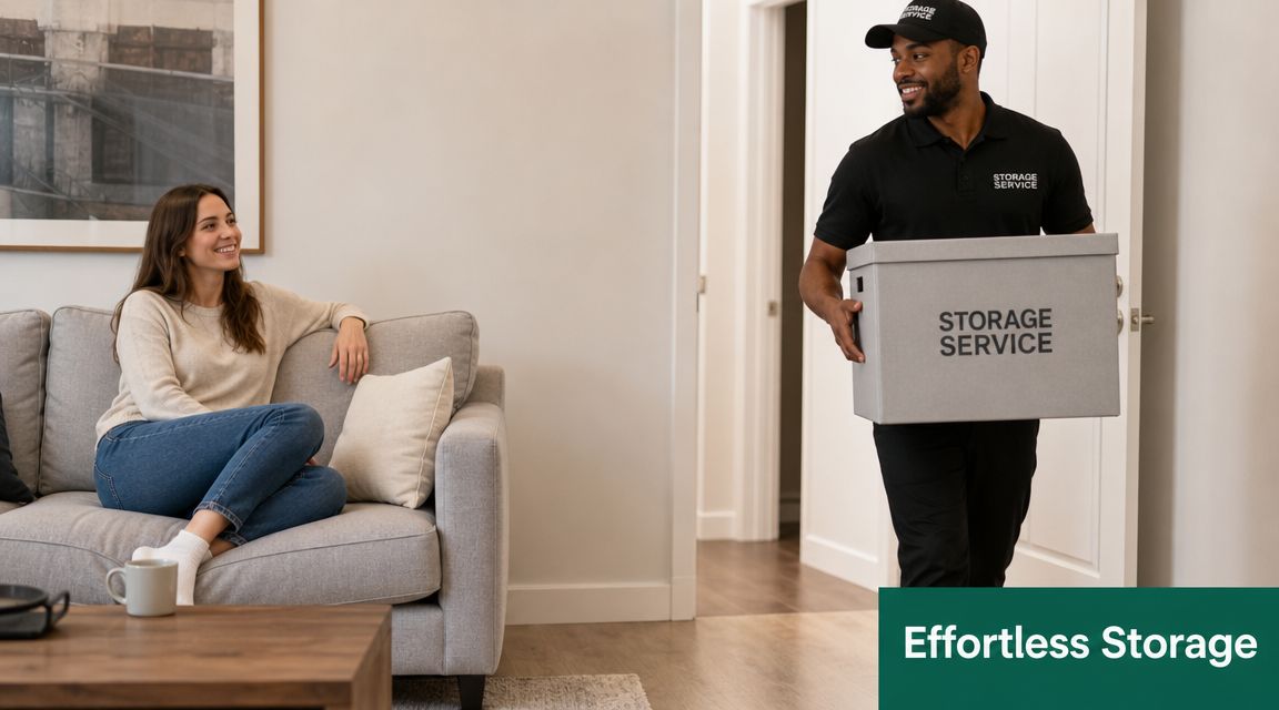 A professional storage service worker delivering a box to a woman sitting on a comfortable couch.