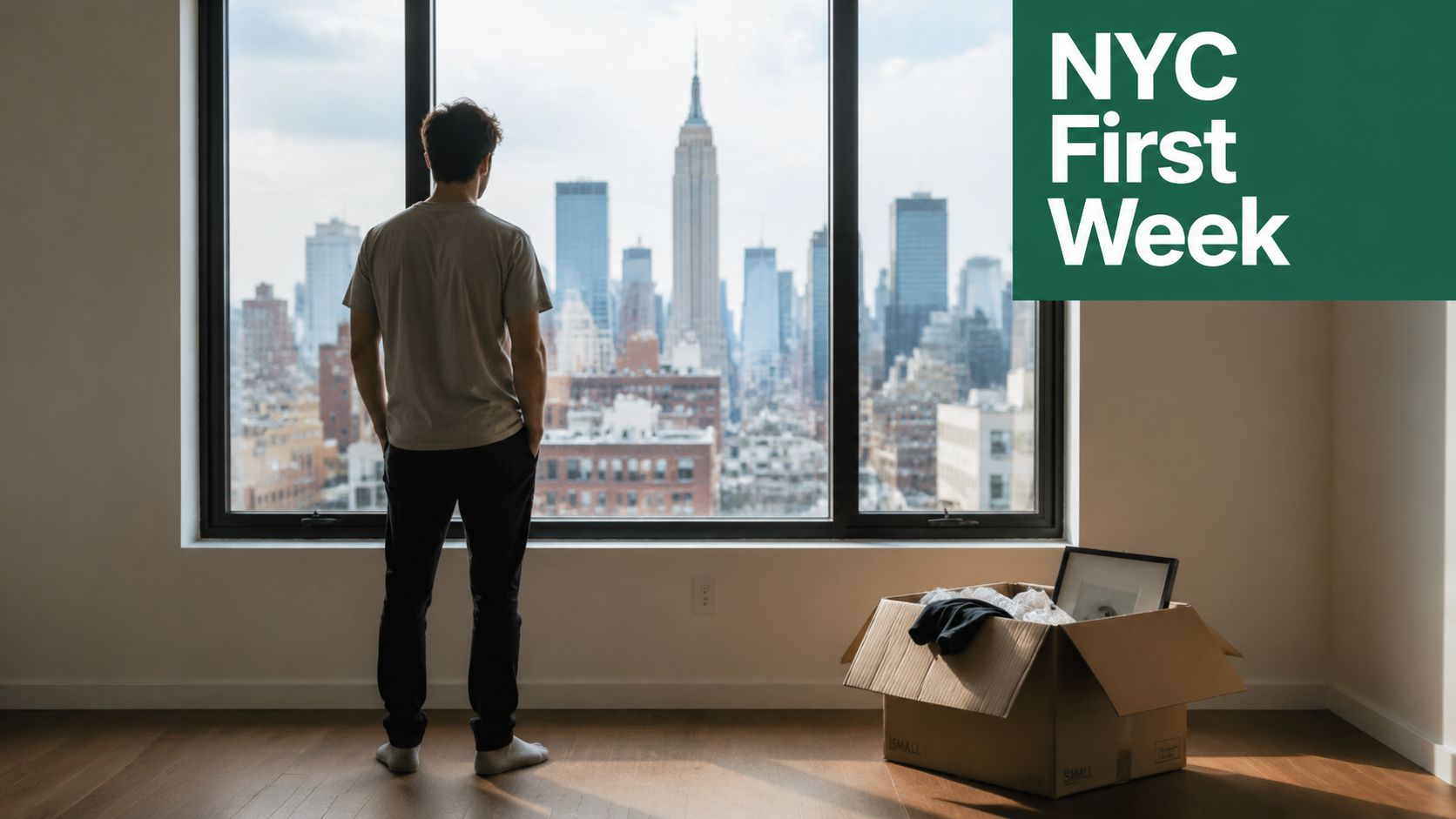 A man stands in an empty apartment looking out the window at the New York City skyline.