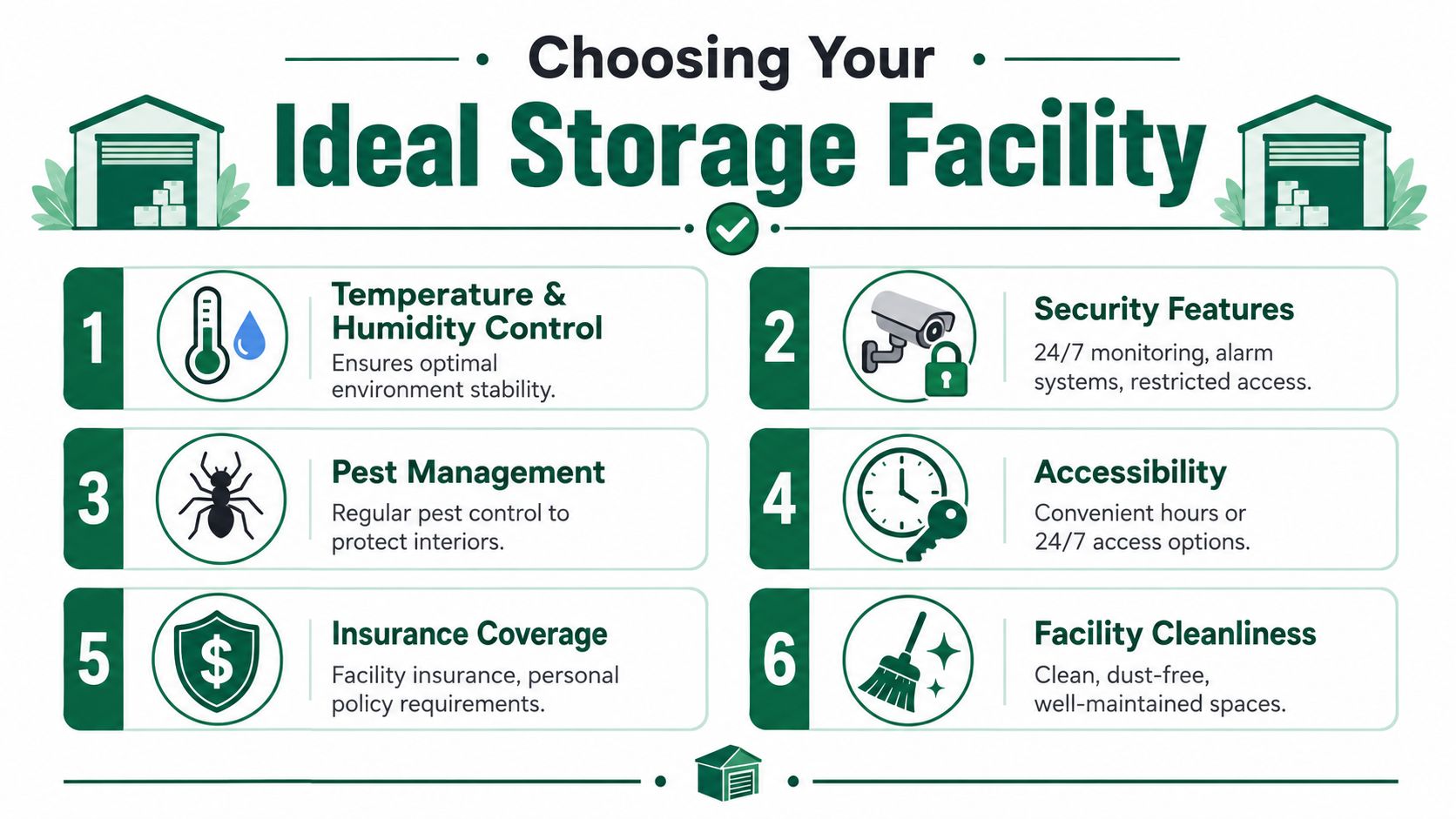 An infographic detailing six essential factors for choosing an ideal storage facility, including security and climate control.