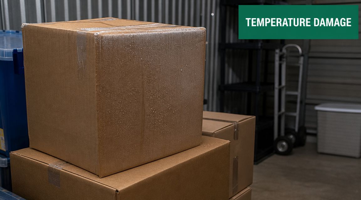 Cardboard moving boxes in a storage unit showing moisture condensation due to temperature fluctuations.