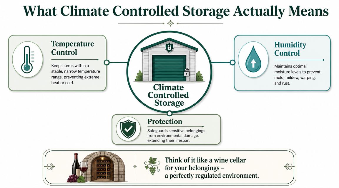 An infographic explaining the benefits of climate controlled storage for protecting sensitive items from environmental damage.