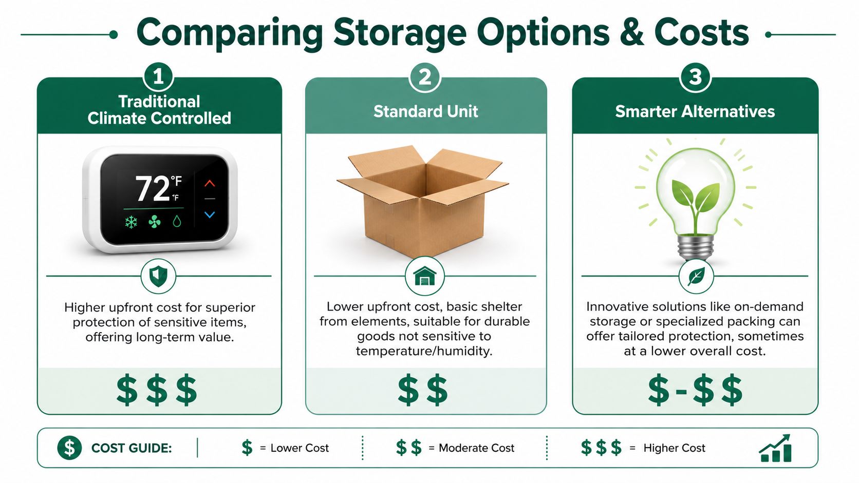 A comparison chart showing three storage options with their associated costs, features, and pricing tiers.