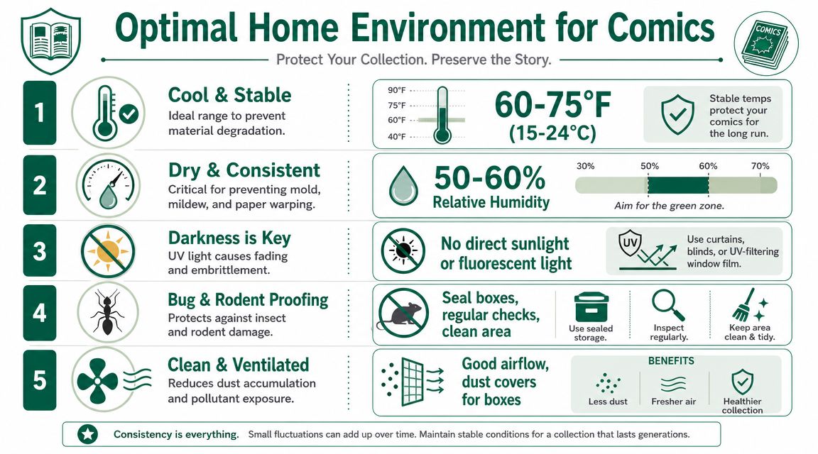 An infographic detailing optimal home environment conditions for comic book preservation including temperature, humidity, and storage tips.