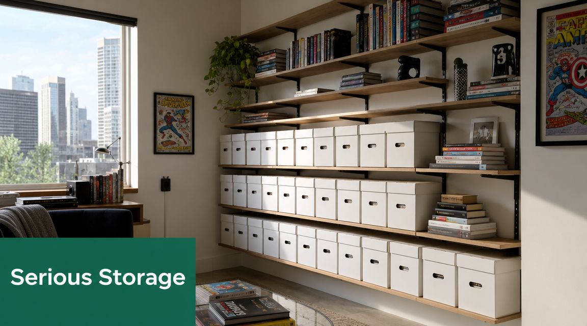 A organized home office with shelves filled with white comic book storage boxes and collectible comics.