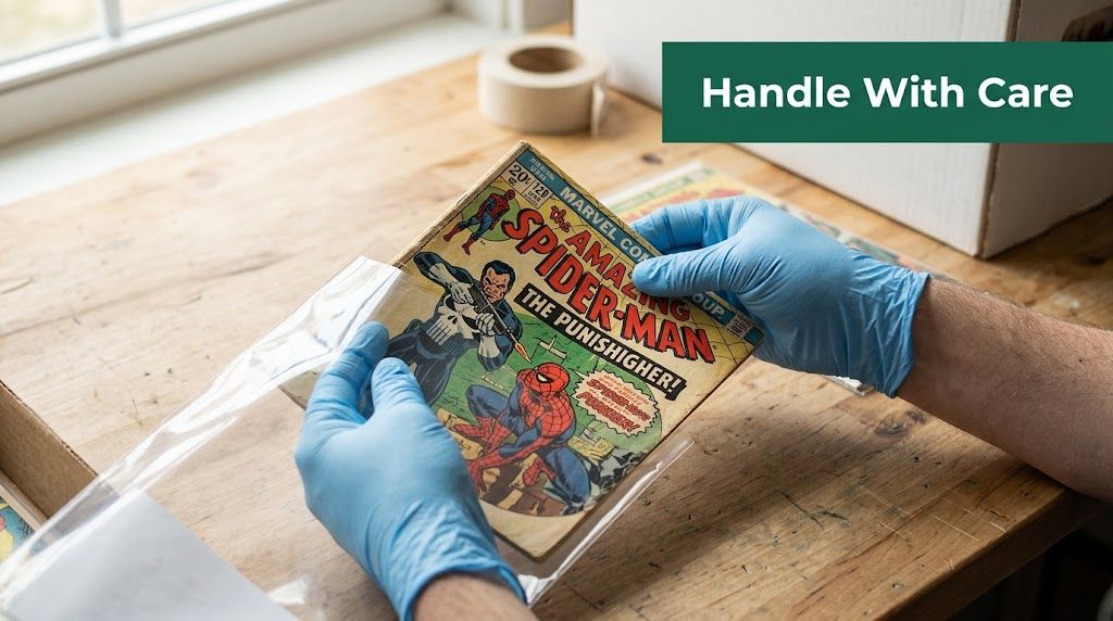 A person wearing blue nitrile gloves carefully sliding a vintage comic book into a clear protective sleeve.