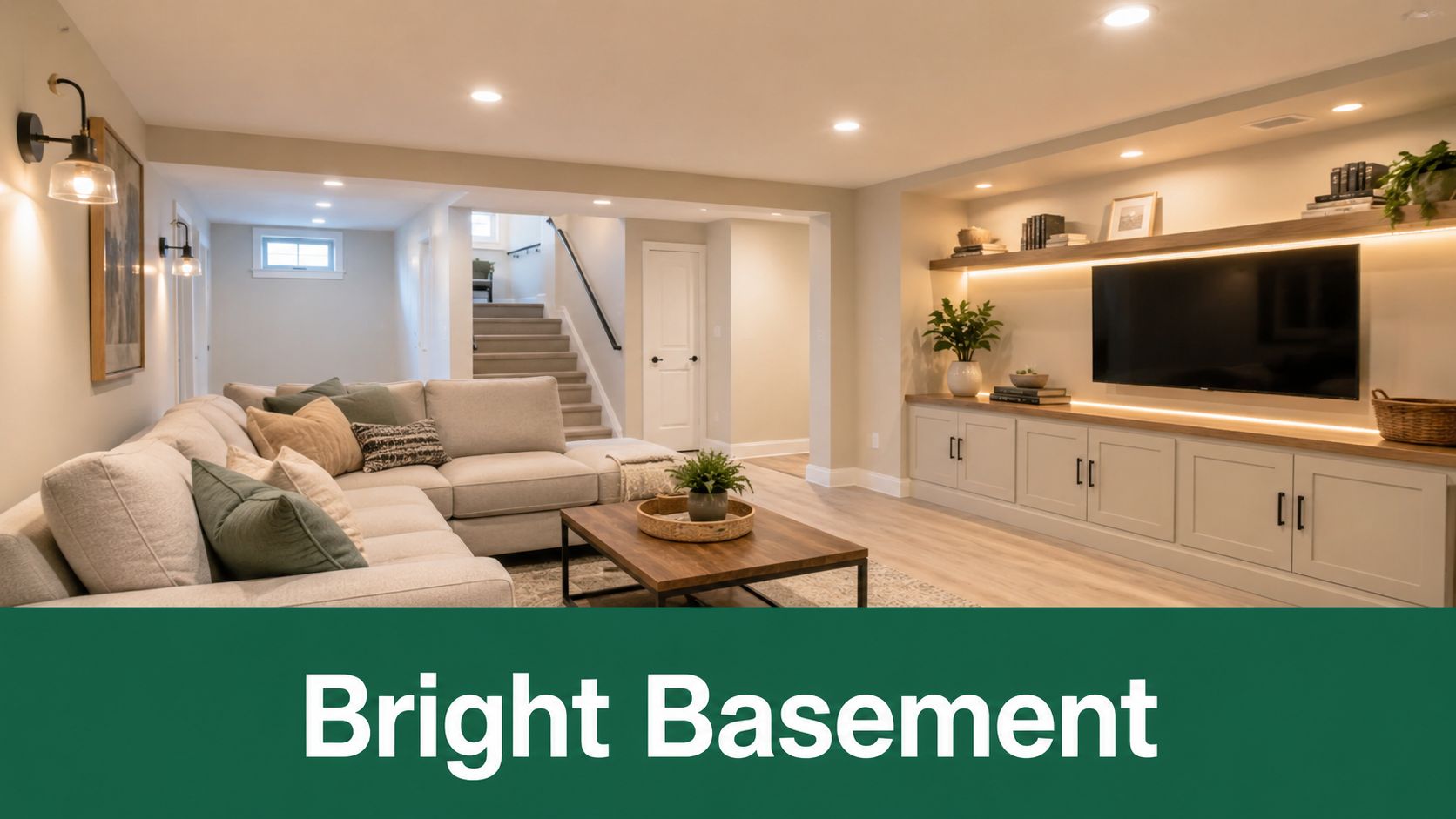 A cozy, modern basement living area featuring a light-colored sectional sofa, wooden coffee table, and built-in television shelving.