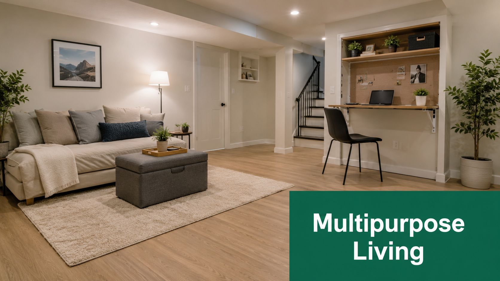 A modern, bright basement living room featuring a cozy sofa, a workspace area, and stairs leading upwards.