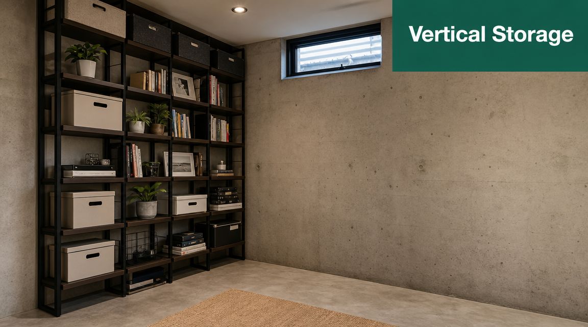 A modern basement room featuring tall black industrial shelving filled with decorative storage boxes, books, and plants.