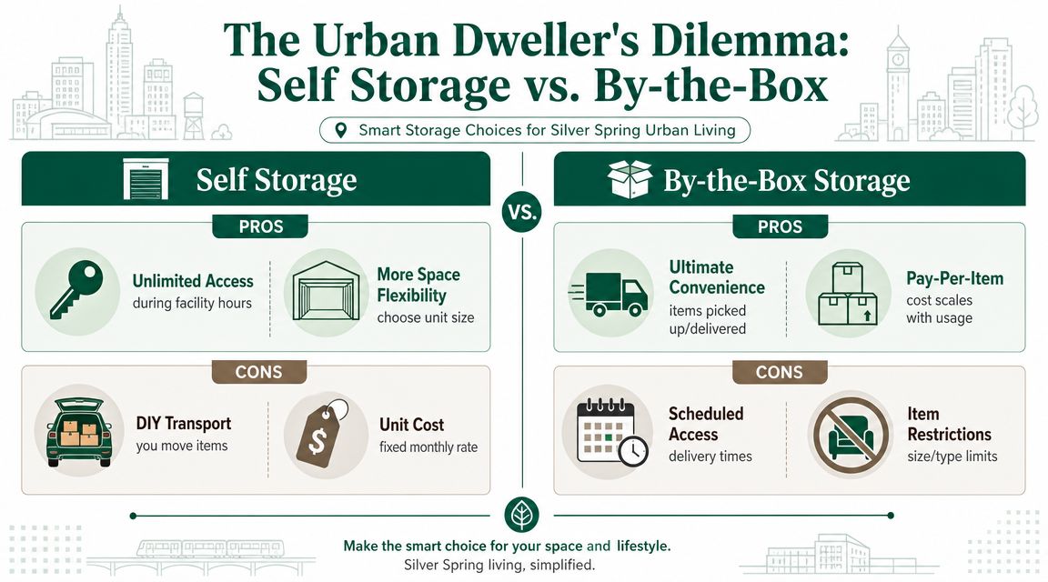 A comparison infographic between traditional self-storage and by-the-box storage services for urban dwellers.