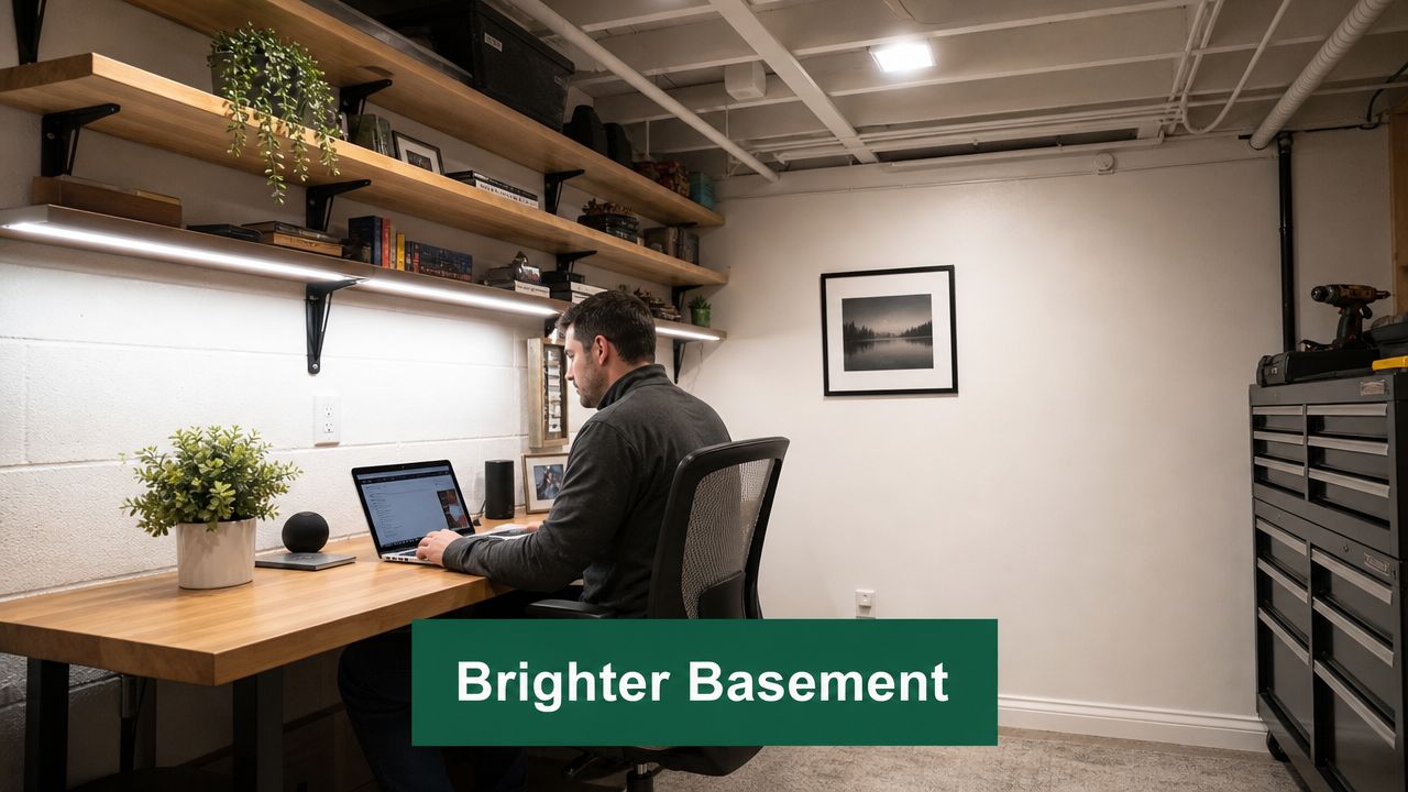 A man sits at a wooden desk working on a laptop in a modern, well-lit basement home office.