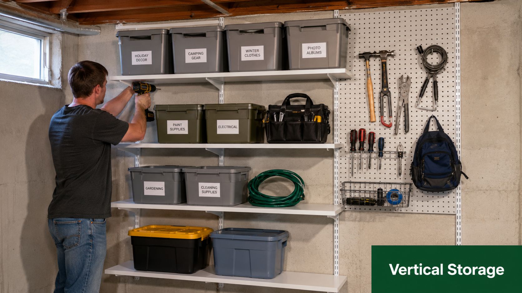 A man installs metal shelving on a basement concrete wall using a power drill for vertical storage.