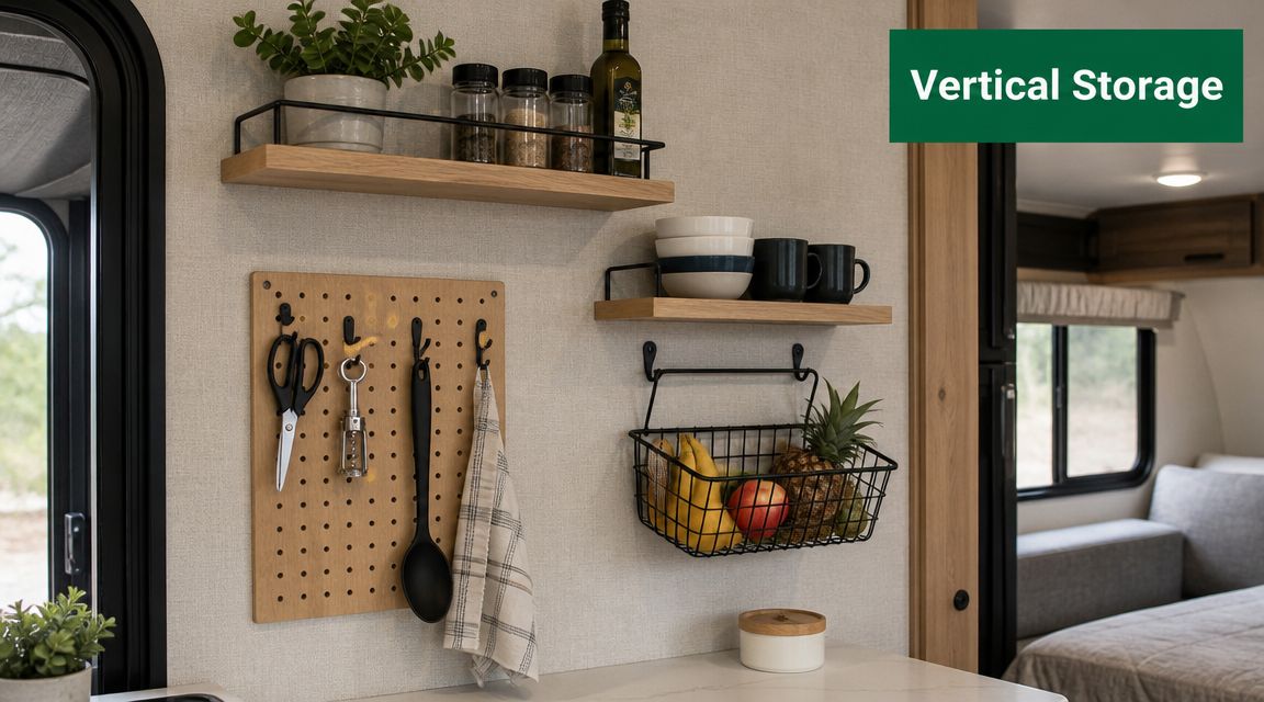 A modern, organized RV kitchen wall featuring wooden floating shelves, a pegboard, and a hanging fruit basket.