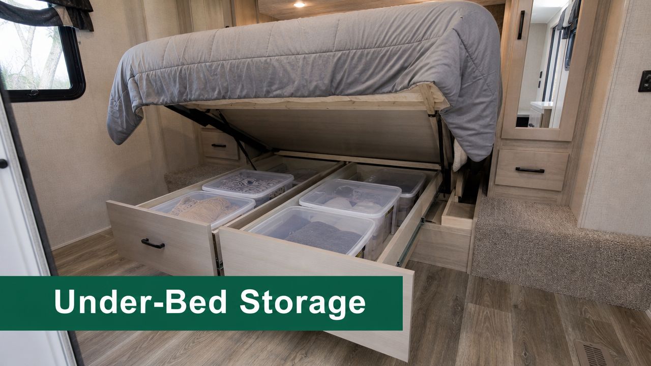 A lifted bed frame in an RV revealing organized storage containers hidden in the under-bed storage compartment.