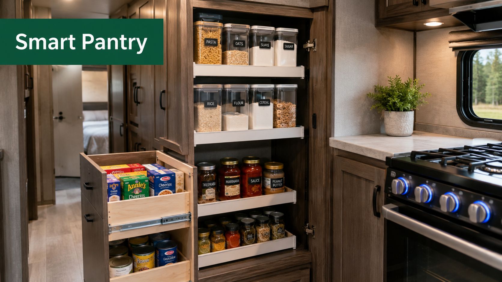 A pull-out pantry in a modern RV kitchen featuring organized food containers, labeled jars, and boxed goods.