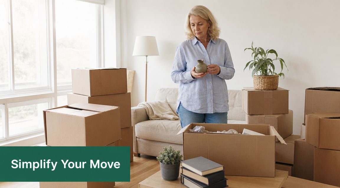 A mature woman packing items into a cardboard box in her living room while relocating homes.
