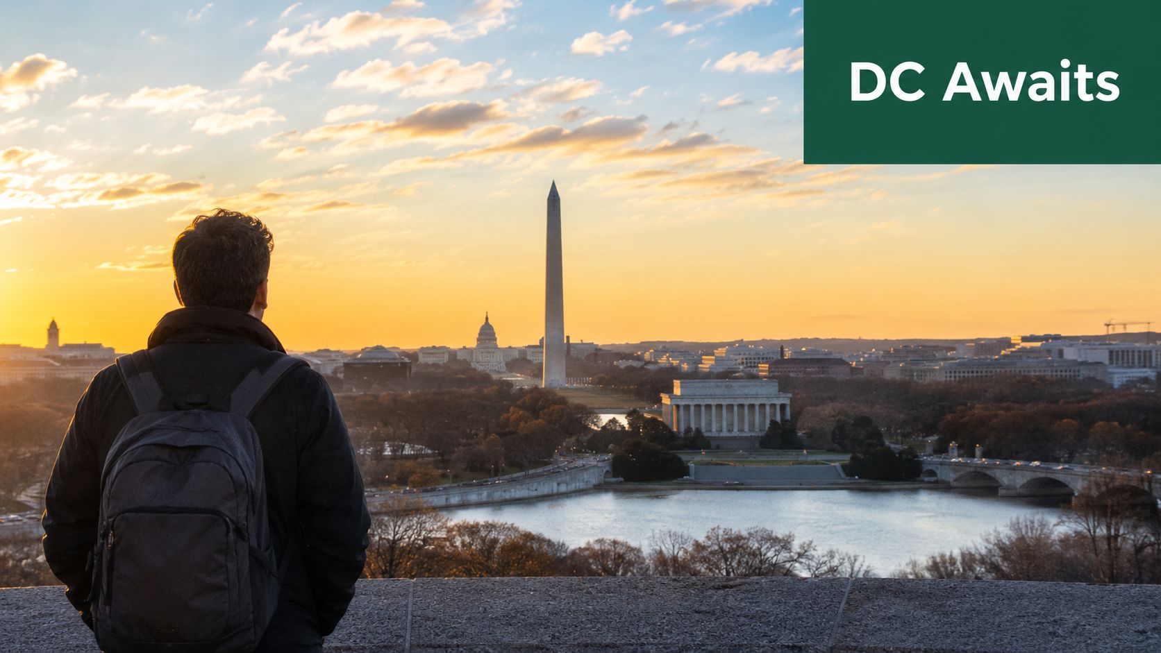 A student with a backpack looking over the Washington DC skyline at sunset, including the Washington Monument.