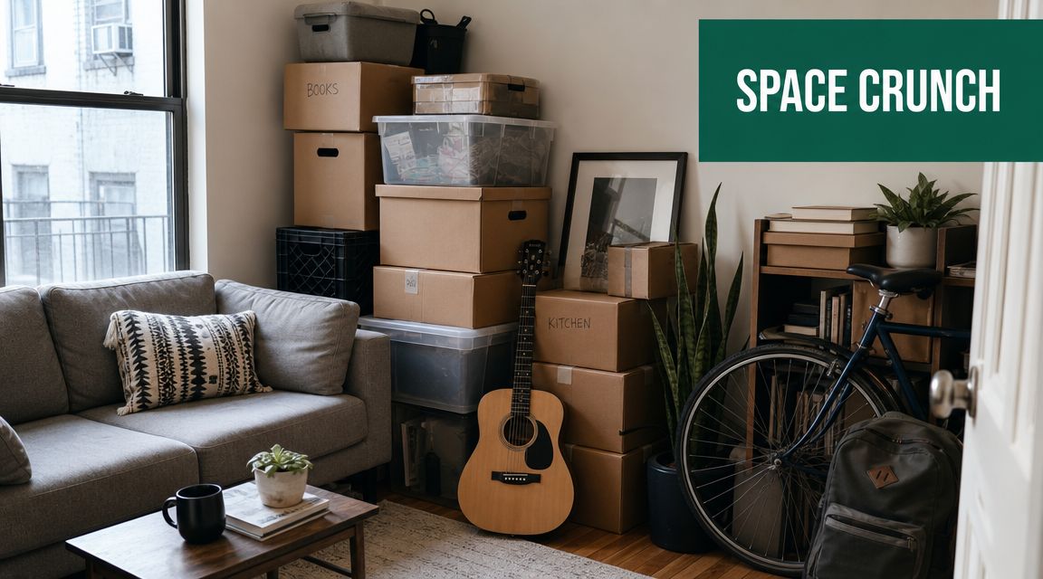 A living room cluttered with numerous cardboard storage boxes, a guitar, and a bicycle during a move.