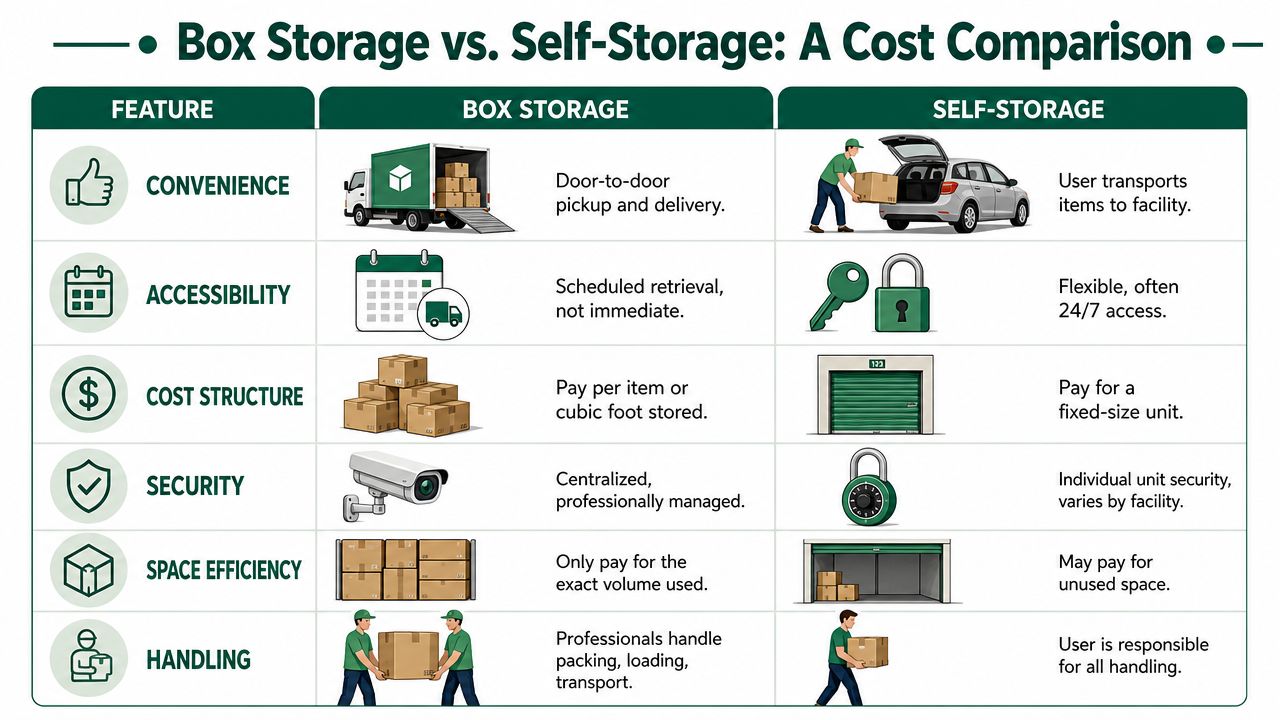 A comparison chart outlining the key differences between box storage and self-storage services.
