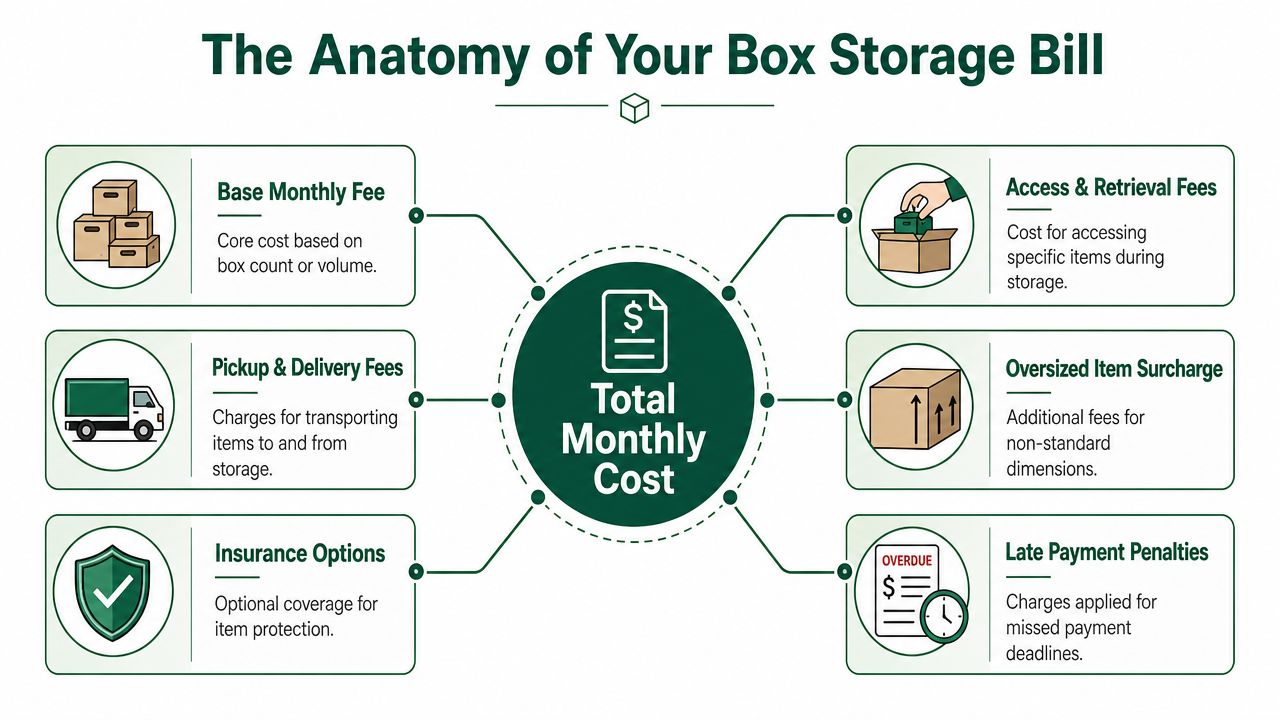 A visual breakdown infographic explaining the various components that make up a total box storage monthly cost.