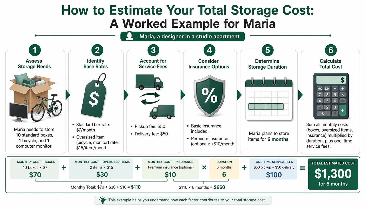 An infographic titled How to Estimate Your Total Storage Cost explaining the calculation process for Maria.