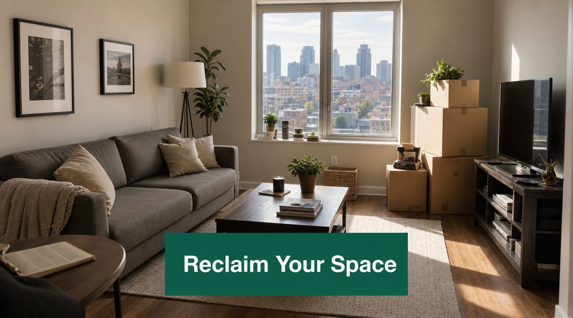 A modern living room with a sofa and moving boxes, overlooking a cityscape of Kansas City.