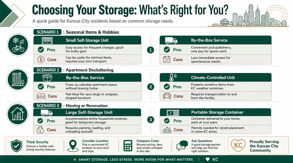 A guide for Kansas City residents choosing between self-storage, by-the-box services, and portable containers for common needs.