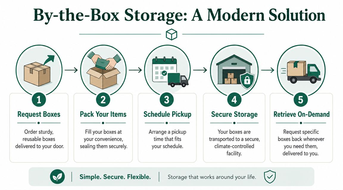 A five-step infographic explaining a convenient by-the-box storage process from request to delivery.