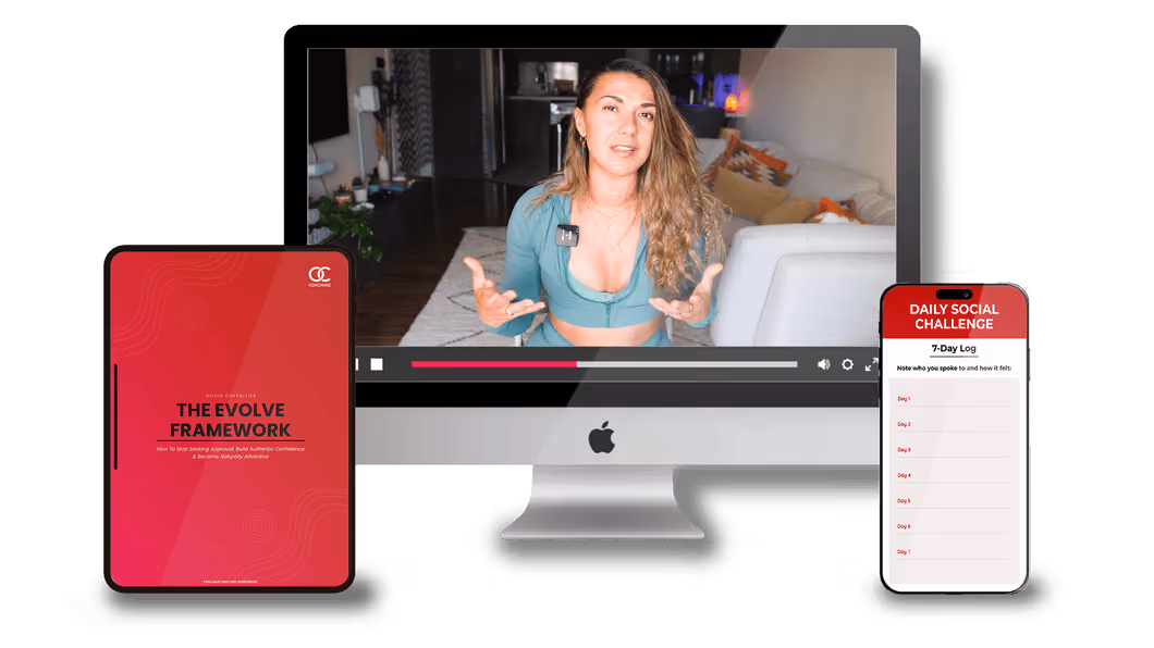 Computer shows woman speaking in video, with digital book and phone displaying social challenge log.