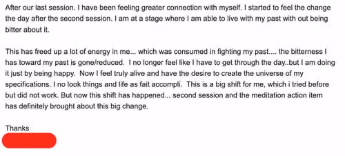 Text testimonial describing personal growth, healing, and energy shift after meditation and second session.
